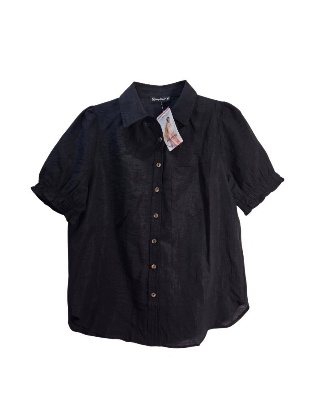 NWT | PRETTYGARDEN Black Short Puff Sleeve Button Up Dressy Blouse Shirt | Small